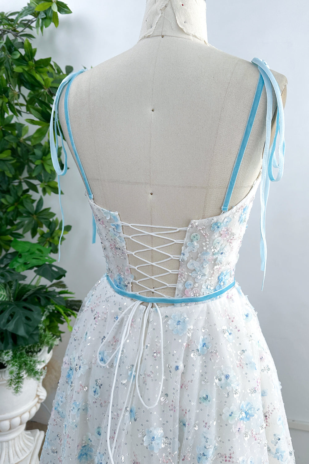 Corset Sky Blue 3D Floral Dress with Removable Tie Straps