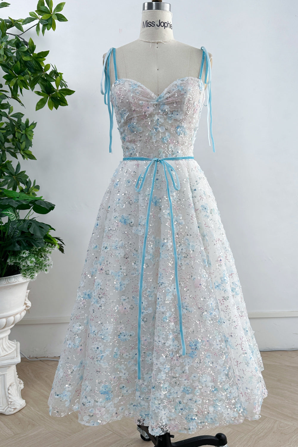 Corset Sky Blue 3D Floral Dress with Removable Tie Straps