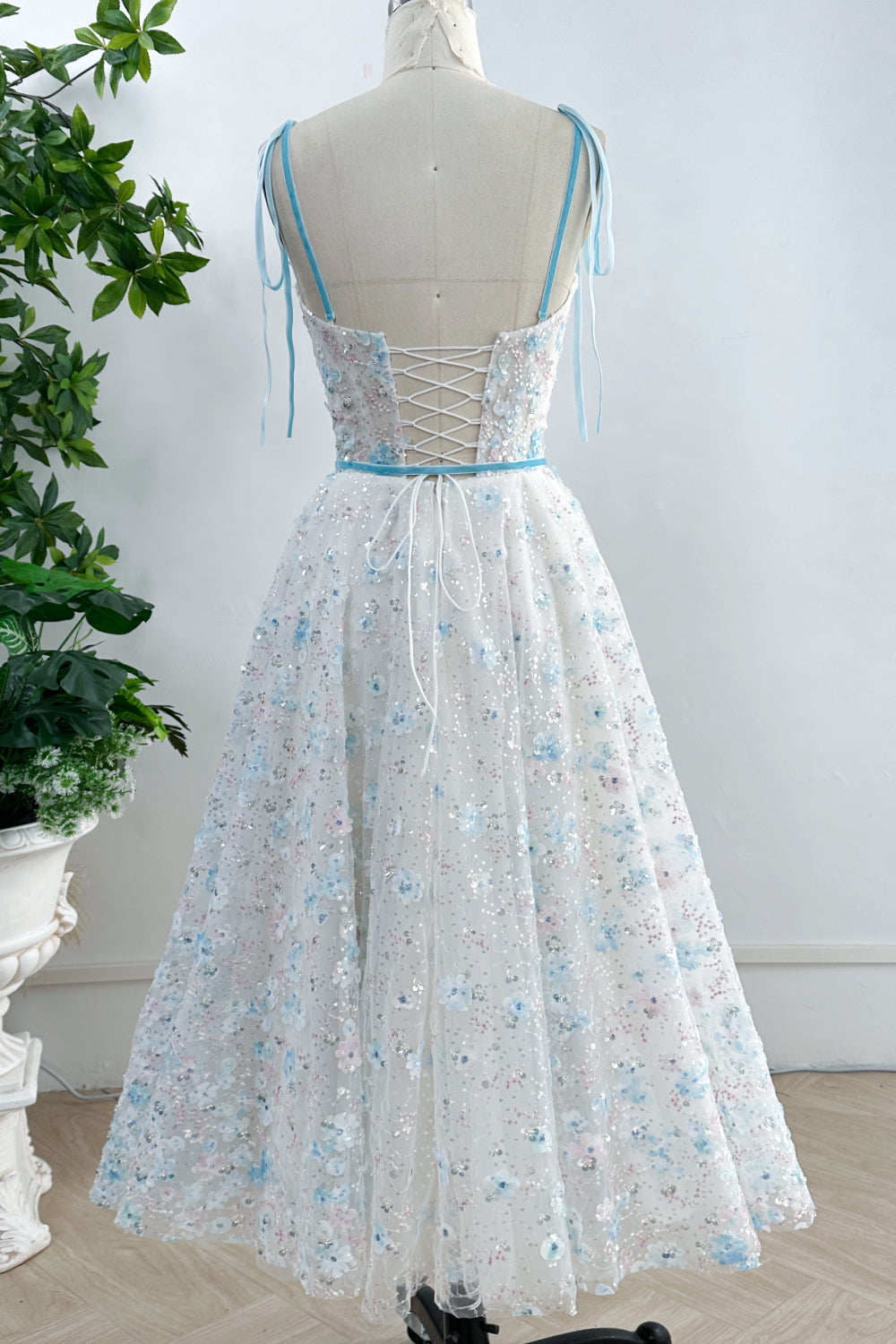 Corset Sky Blue 3D Floral Dress with Removable Tie Straps