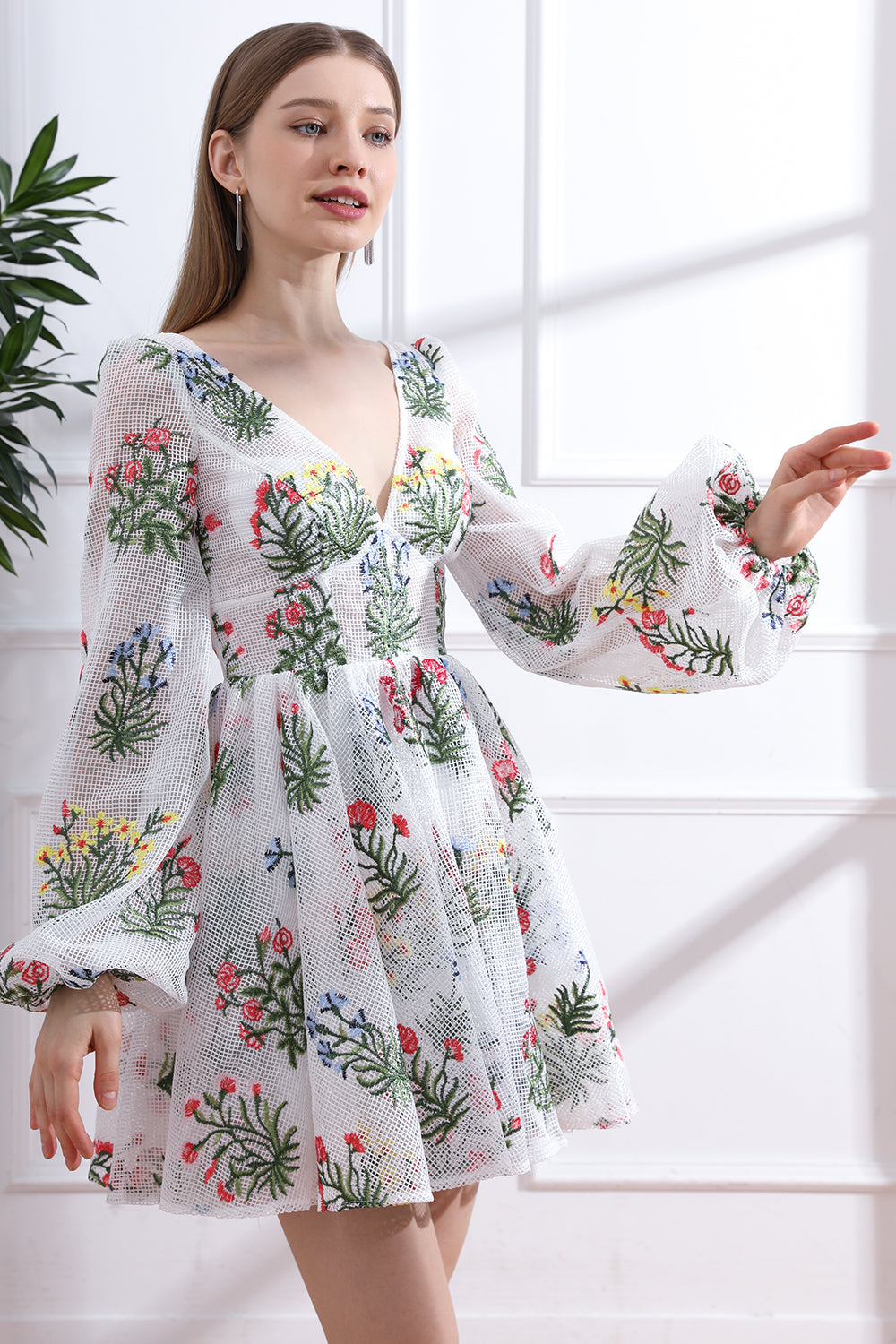 V Neck Colorful Floral Net Dress with Long Puff Sleeves