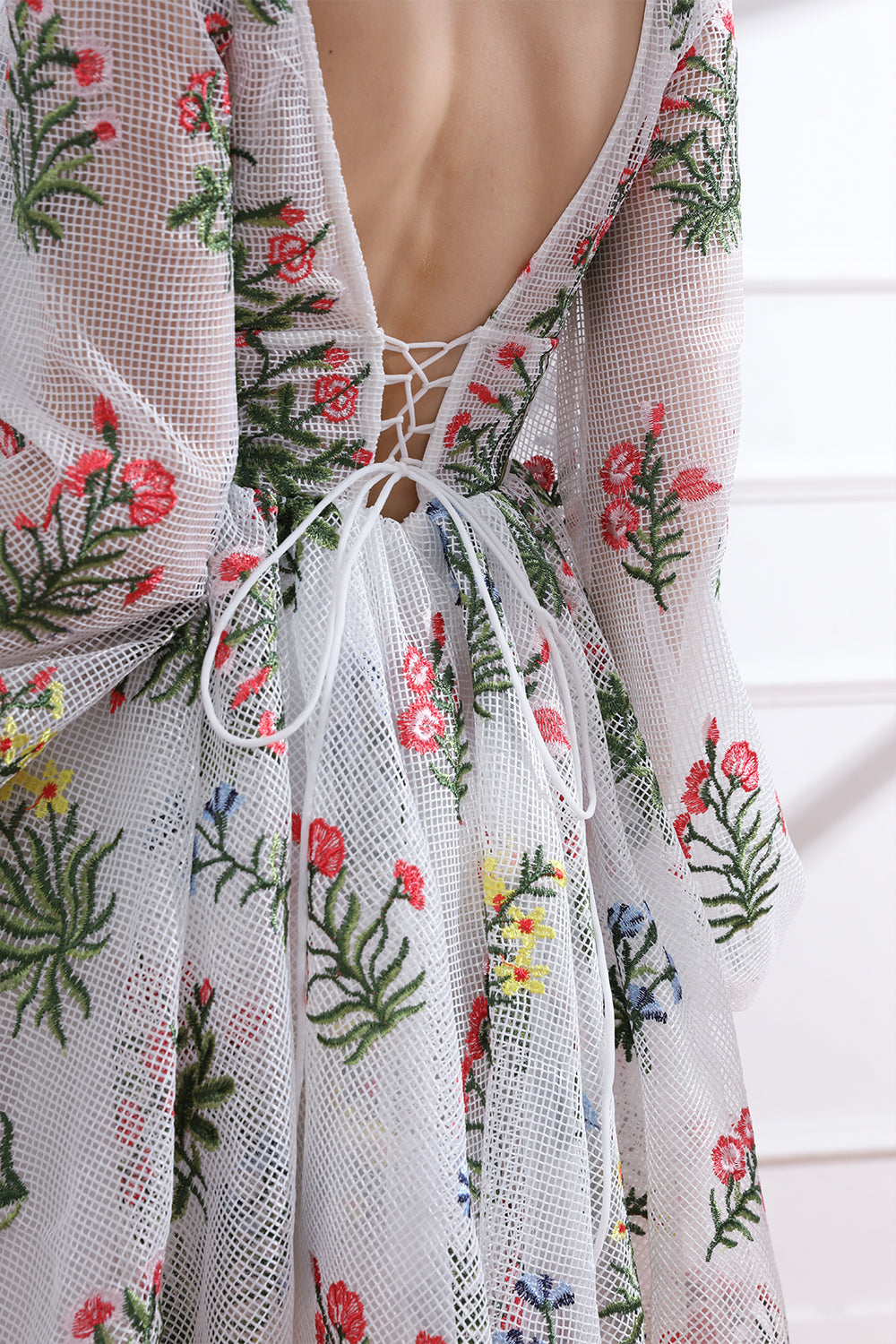 MissJophiel V Neck Colorful Floral Net Dress with Long Puff Sleeves