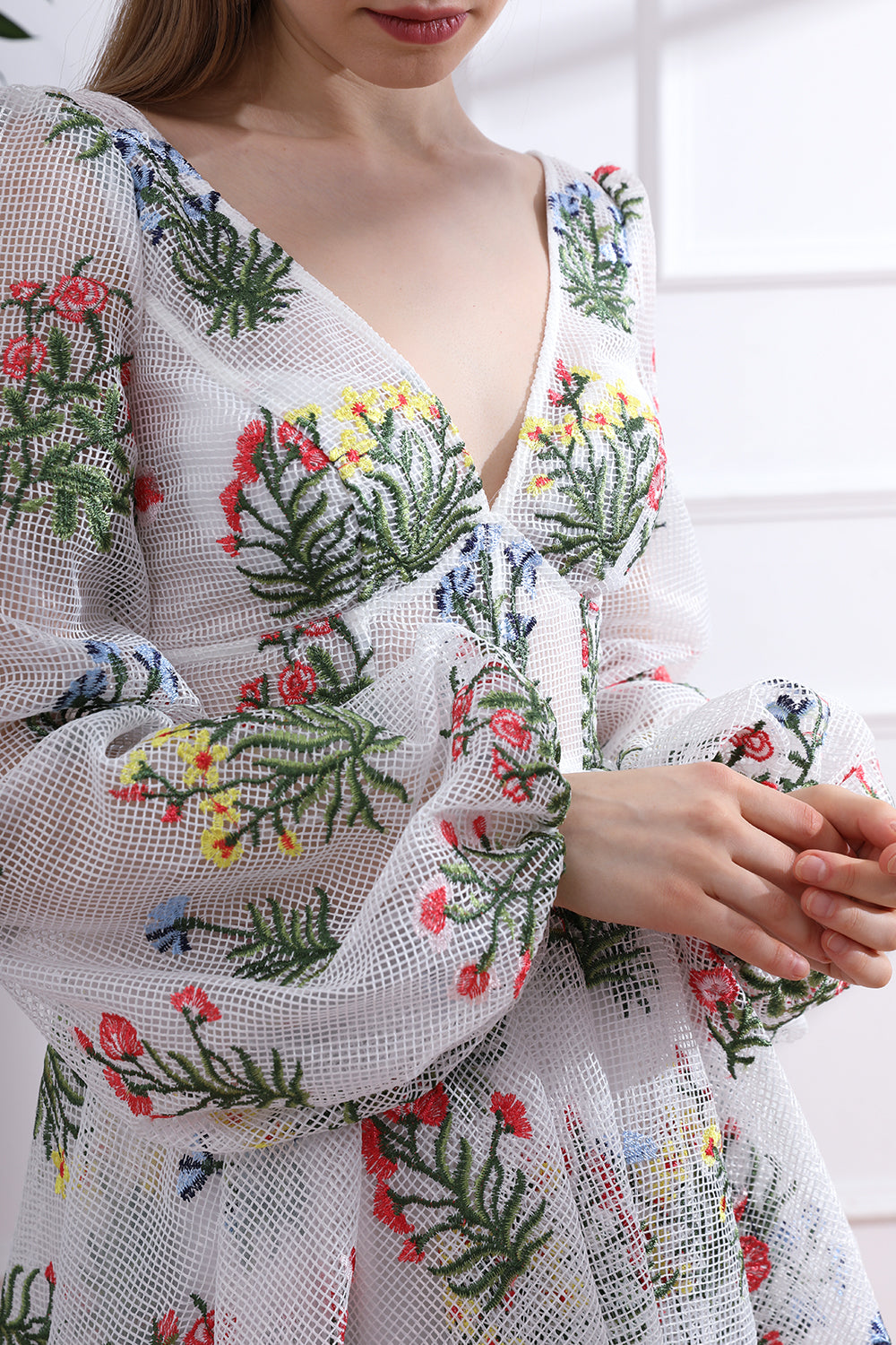 MissJophiel V Neck Colorful Floral Net Dress with Long Puff Sleeves