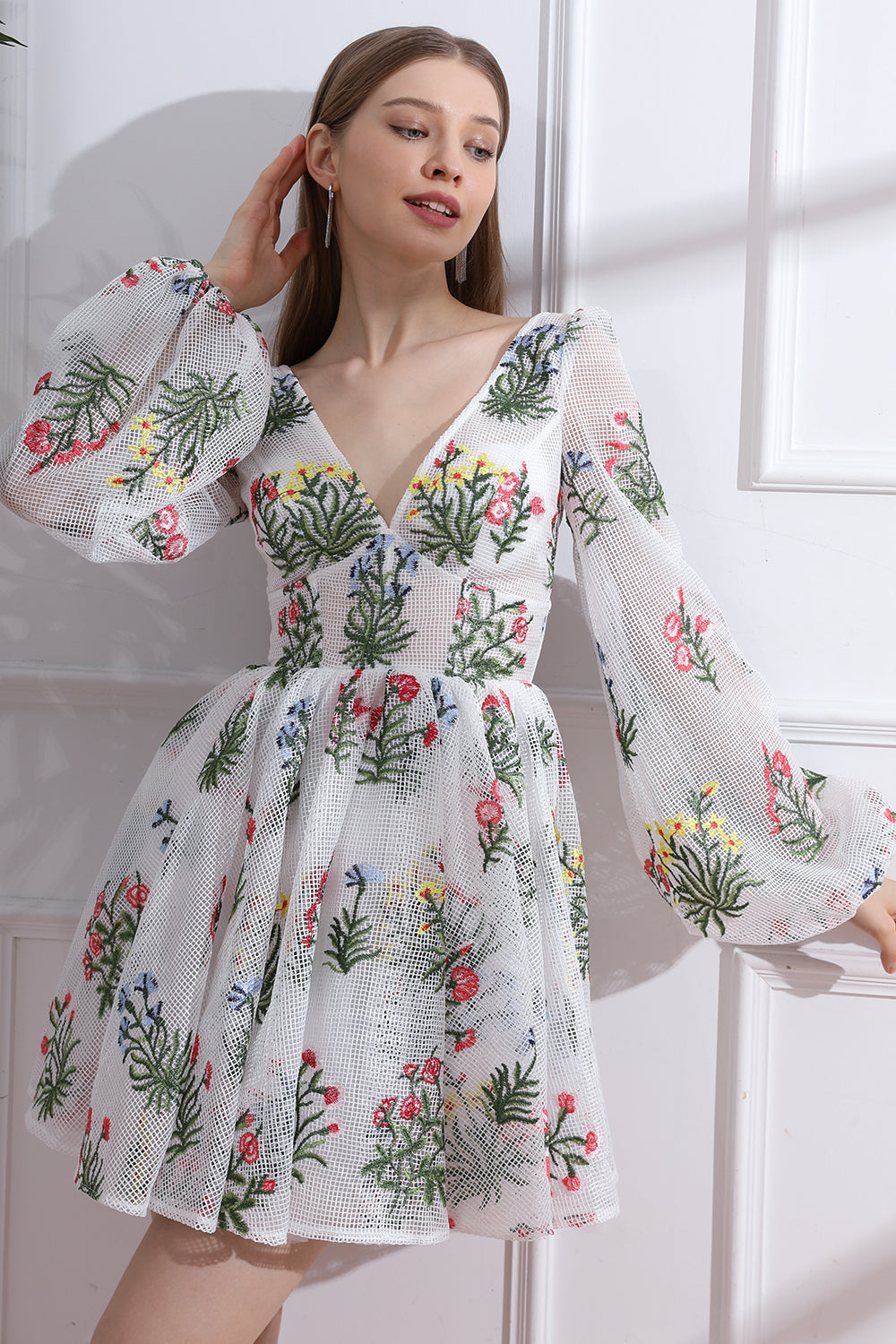 MissJophiel V Neck Colorful Floral Net Dress with Long Puff Sleeves