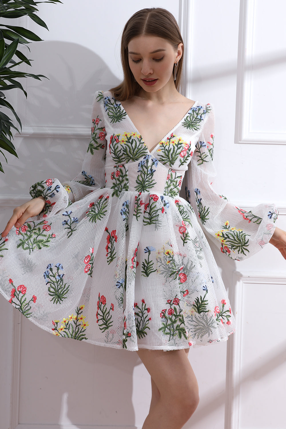 V Neck Colorful Floral Net Dress with Long Puff Sleeves