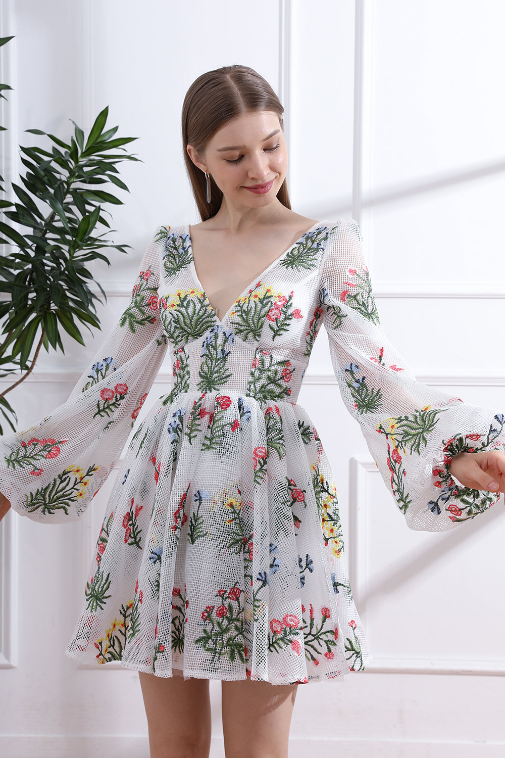 V Neck Colorful Floral Net Dress with Long Puff Sleeves