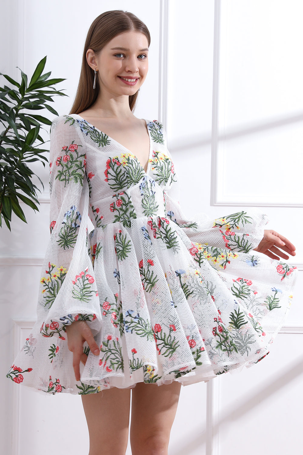 V Neck Colorful Floral Net Dress with Long Puff Sleeves