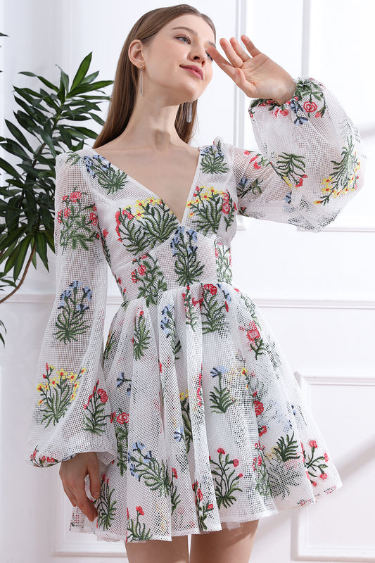 V Neck Colorful Floral Net Dress with Long Puff Sleeves