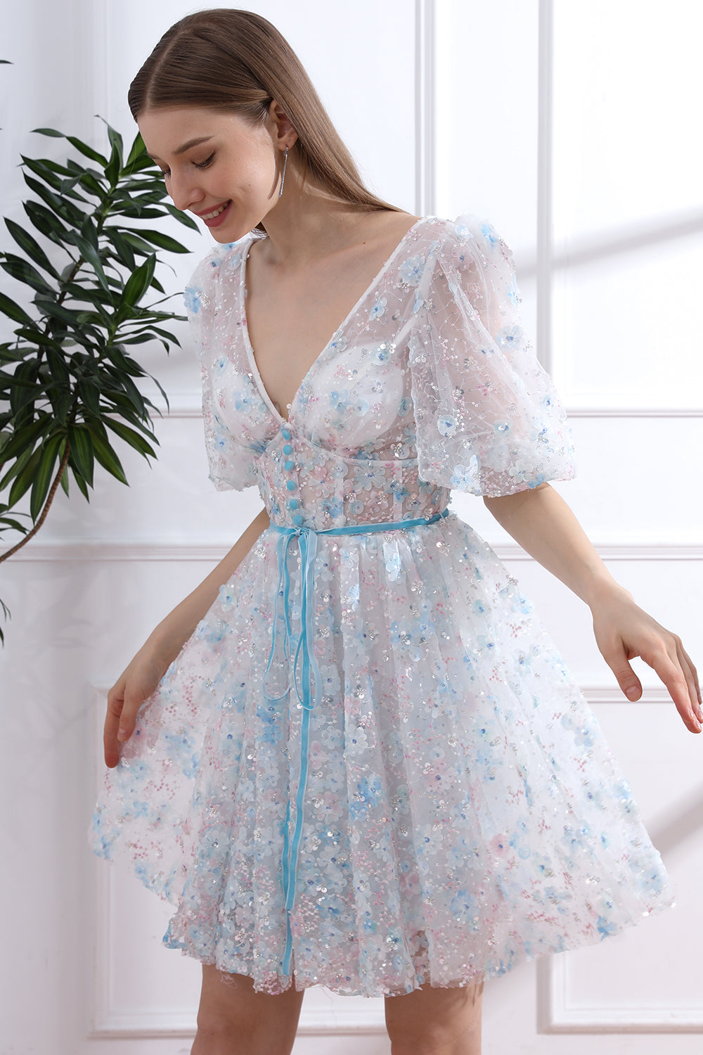 V Neck Sky Blue Floral Beaded Dress with Short Puff Sleeves