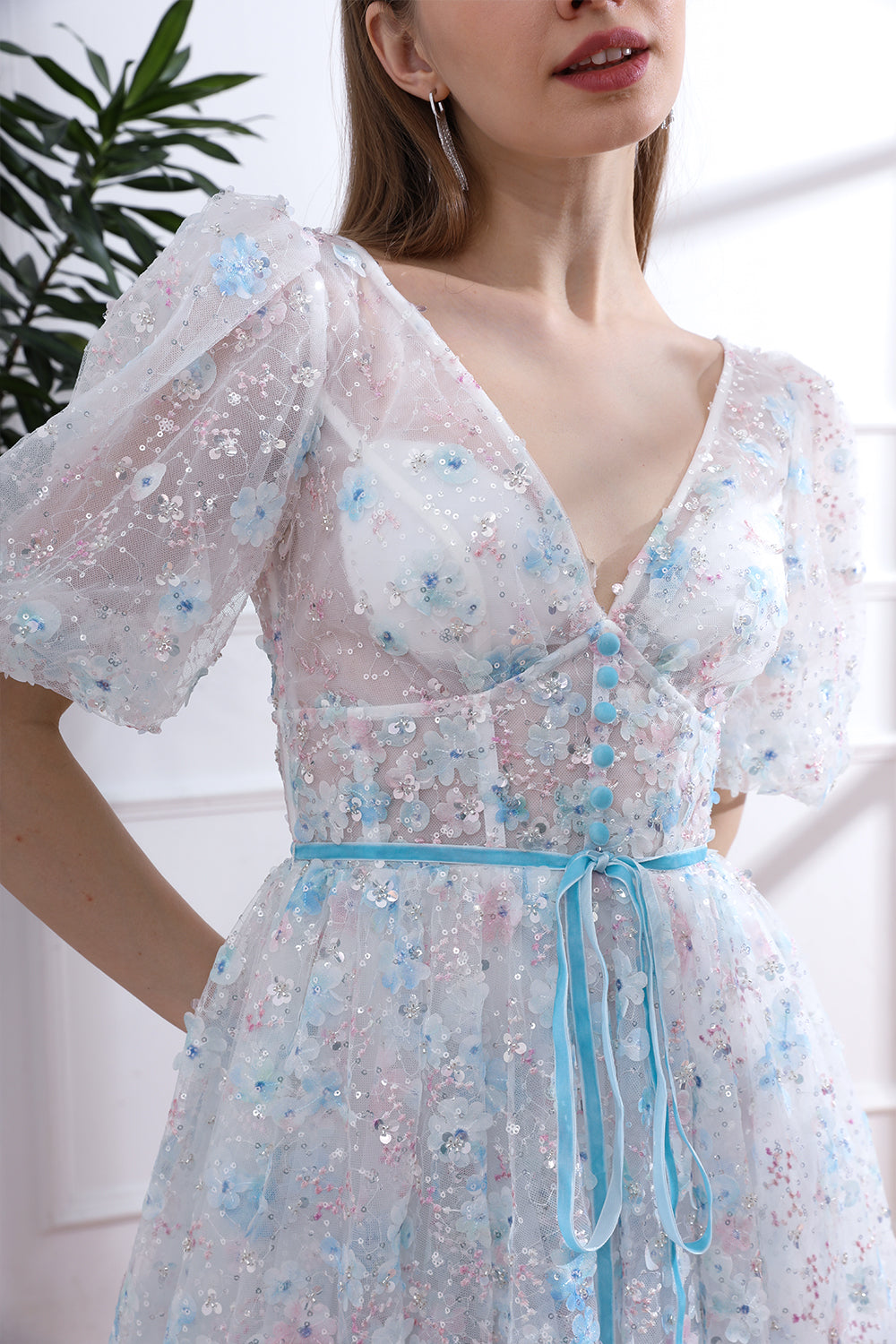 MissJophiel V Neck Sky Blue Floral Beaded Dress with Short Puff Sleeves