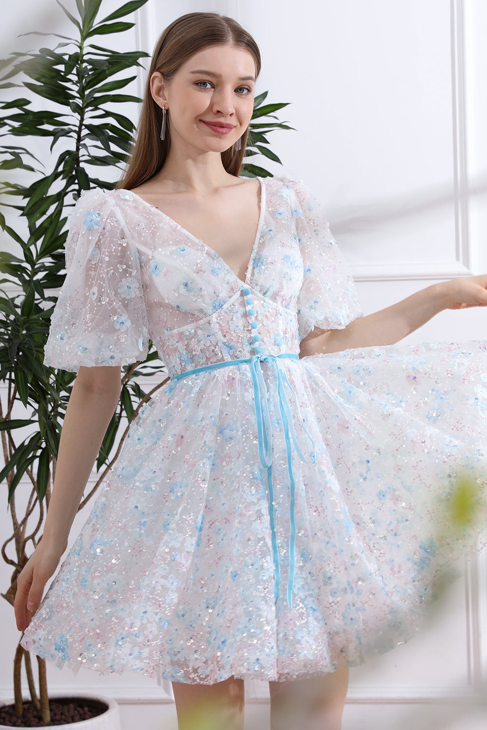 V Neck Sky Blue Floral Beaded Dress with Short Puff Sleeves