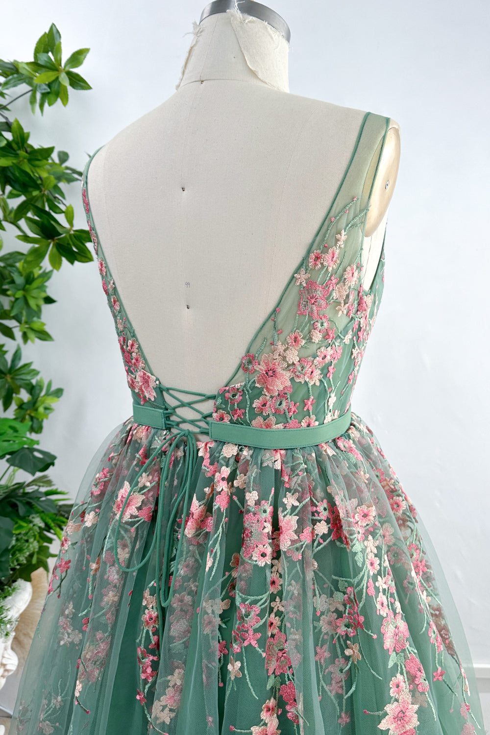 Straps V Neck Pink Floral Embroidery Sage Tulle Dress