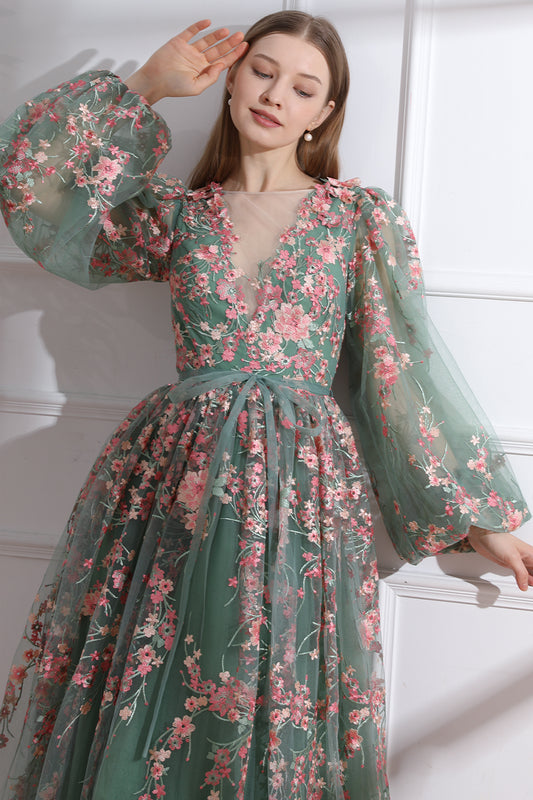 Long Sleeves O Neck Pink Floral Embroidery Sage Tulle Dress