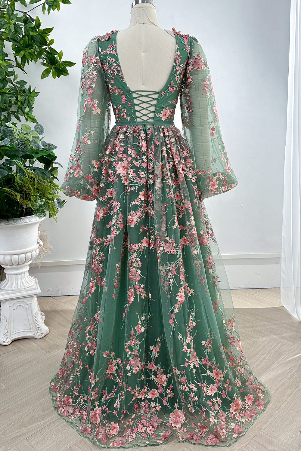 MissJophiel Long Sleeves O Neck Pink Floral Embroidery Sage Tulle Dress