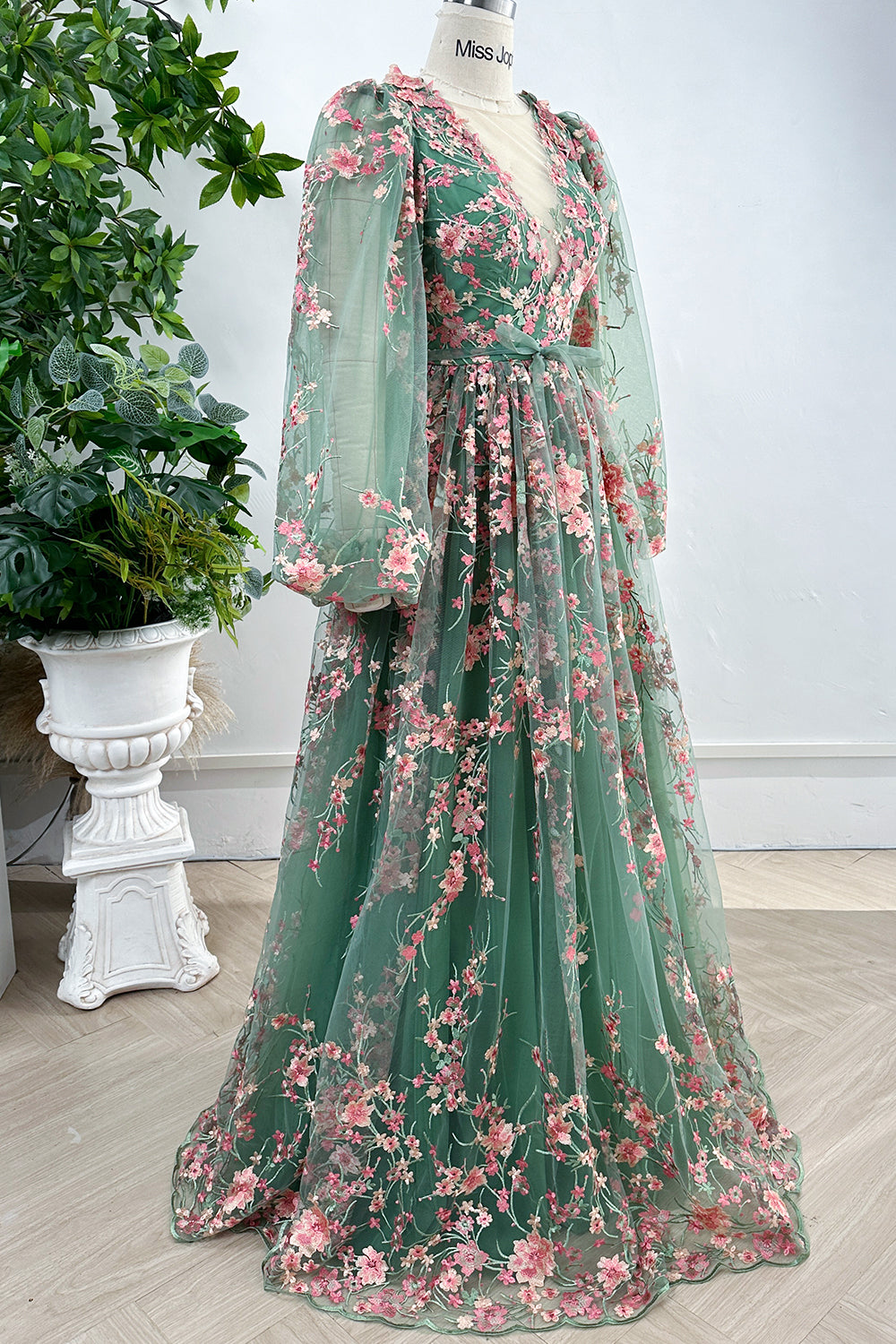 MissJophiel Long Sleeves O Neck Pink Floral Embroidery Sage Tulle Dress Pink / Sage / Floor Length / US8 MissJophiel Long Sleeves O Neck Pink Floral Embroidery Sage Tulle Dress Pink / Sage / Floor Length / US8