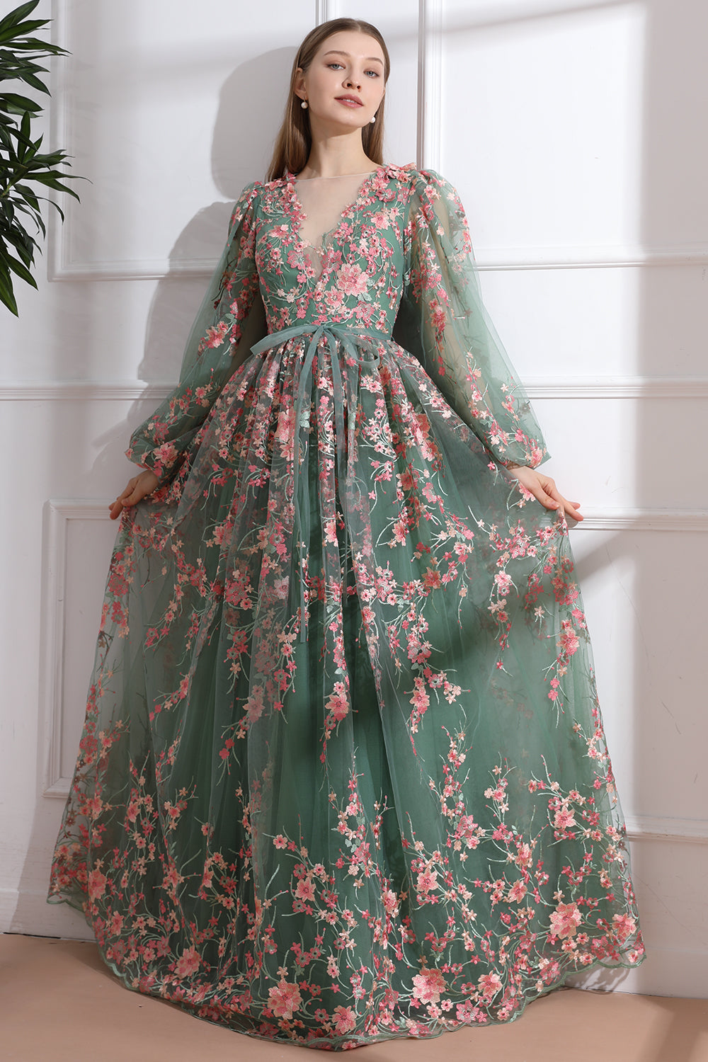 MissJophiel Long Sleeves O Neck Pink Floral Embroidery Sage Tulle Dress Pink / Sage / Floor Length / US8 MissJophiel Long Sleeves O Neck Pink Floral Embroidery Sage Tulle Dress Pink / Sage / Floor Length / US8