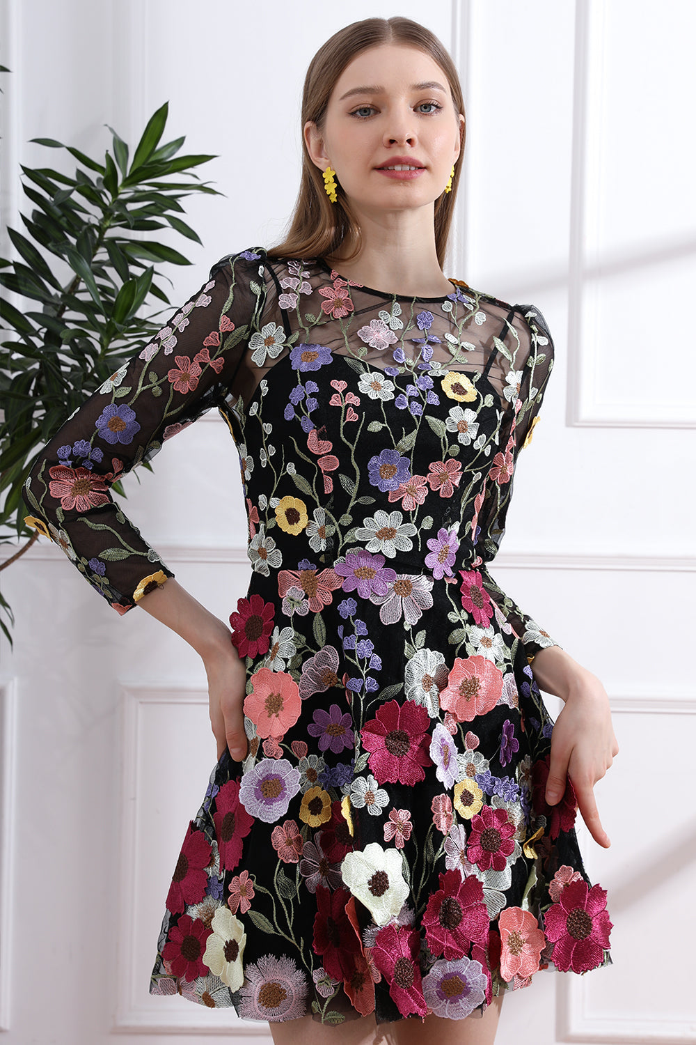 MissJophiel Long Sleeves O Neck Colorful Floral Embroidery Black Dress