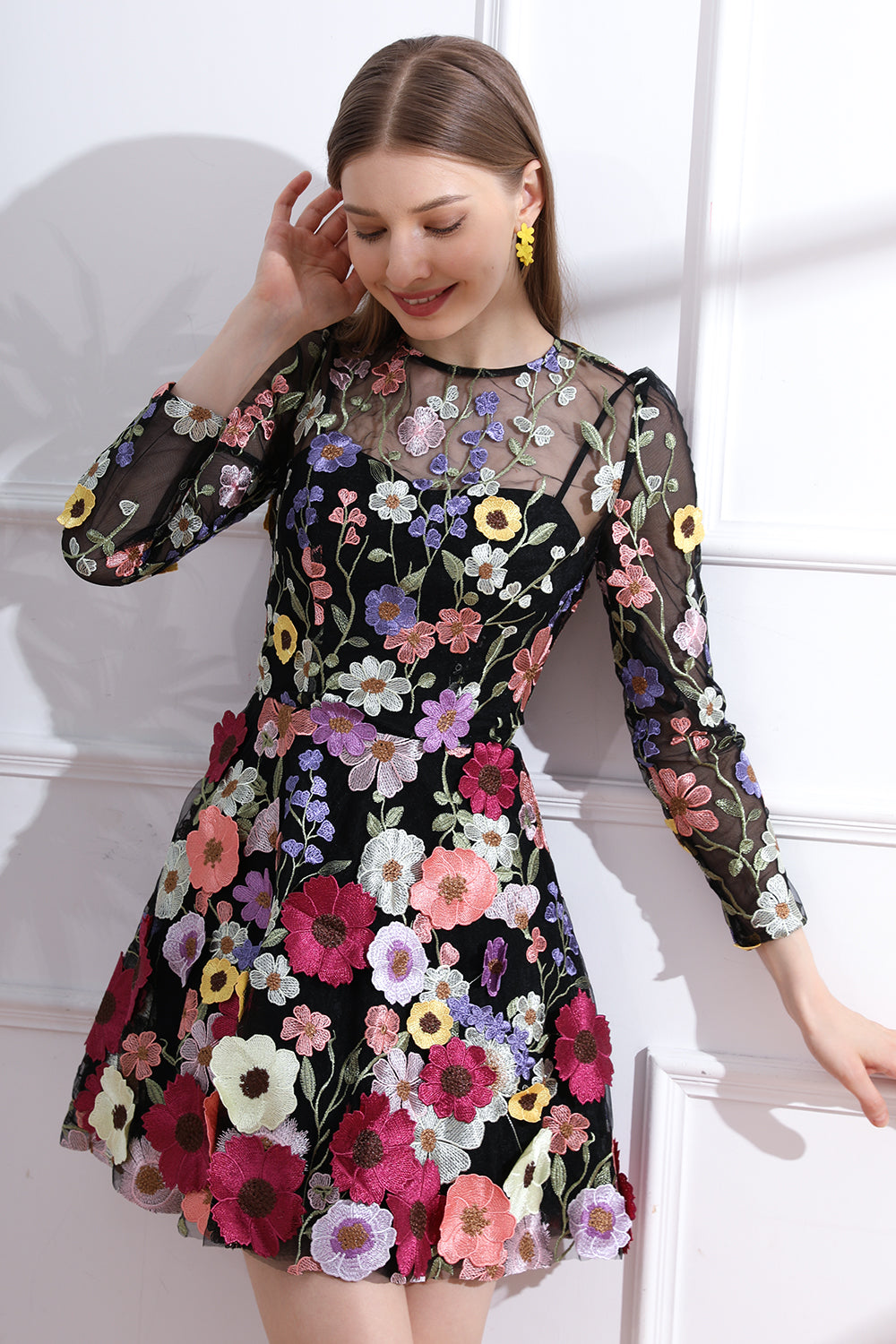 Long Sleeves O Neck Colorful Floral Embroidery Black Dress