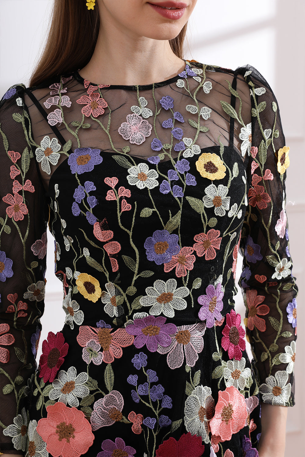 Long Sleeves O Neck Colorful Floral Embroidery Black Dress