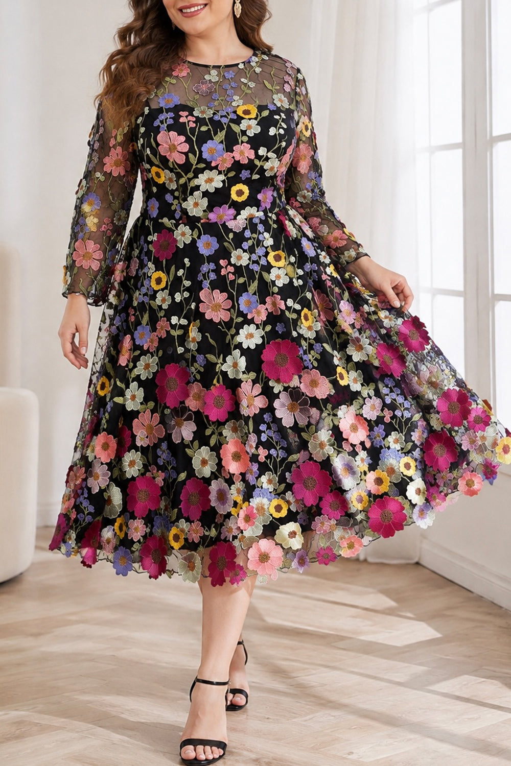 Long Sleeves O Neck Colorful Floral Embroidery Black Dress