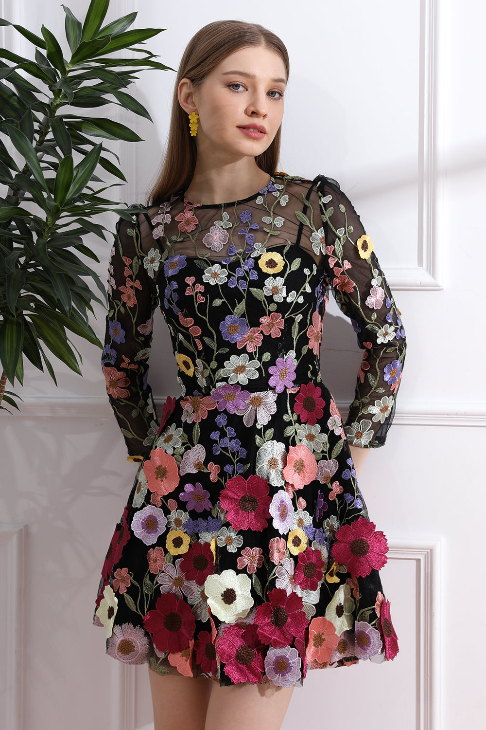 MissJophiel Long Sleeves O Neck Colorful Floral Embroidery Black Dress