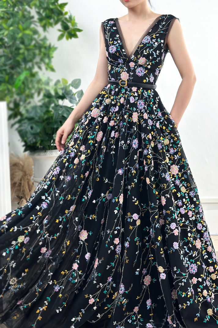 MissJophiel Sleeveless V Neck Colorful Sequin Floral Black Dress