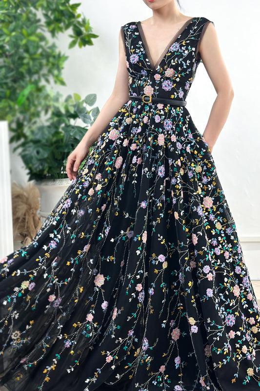Sleeveless V Neck Colorful Sequin Floral Black Dress