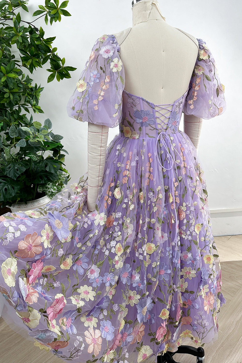 MissJophiel Corset Lavender Floral Embroidery Midi Dress with Puff Sleeves