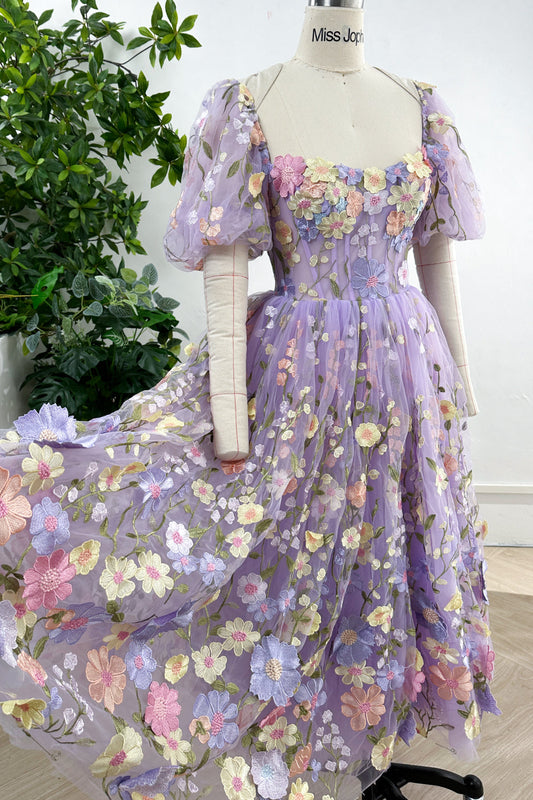 MissJophiel Corset Lavender Floral Embroidery Midi Dress with Puff Sleeves