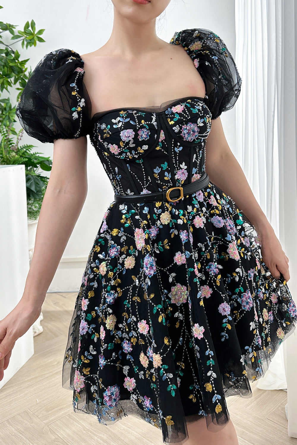 Corset Beaded Floral Mini Dress with Short Puff Sleeves