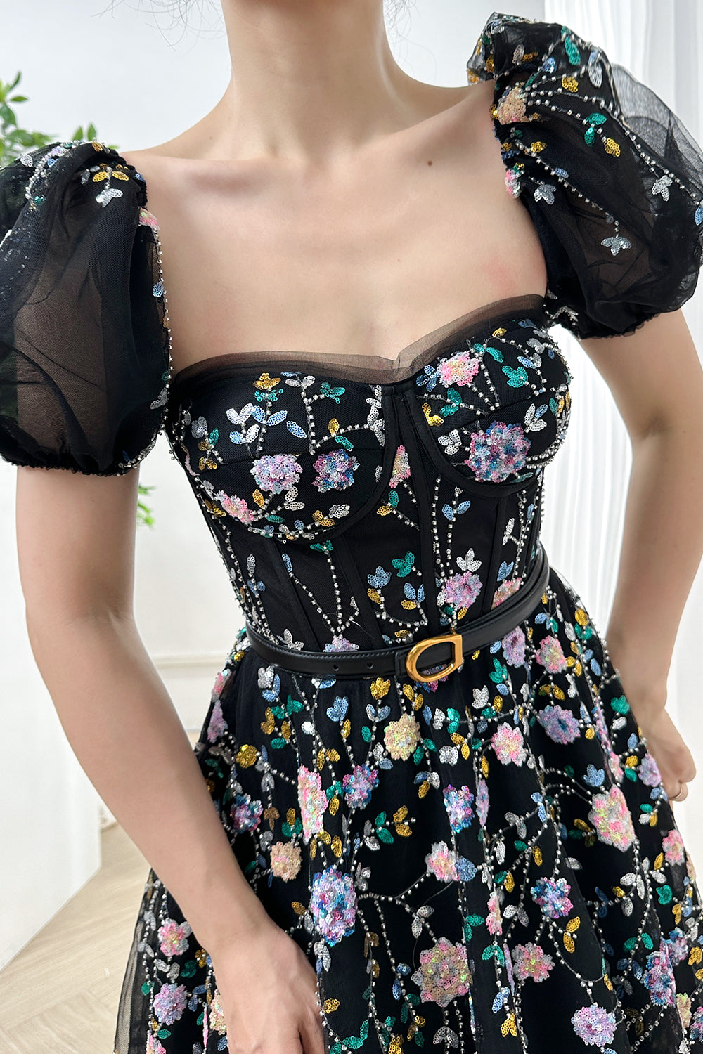 Corset Beaded Floral Mini Dress with Short Puff Sleeves