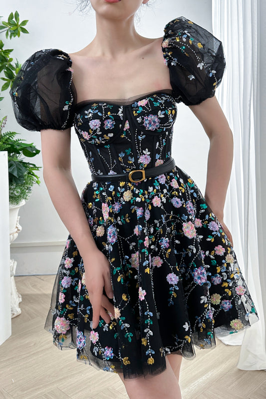 Corset Beaded Floral Mini Dress with Short Puff Sleeves