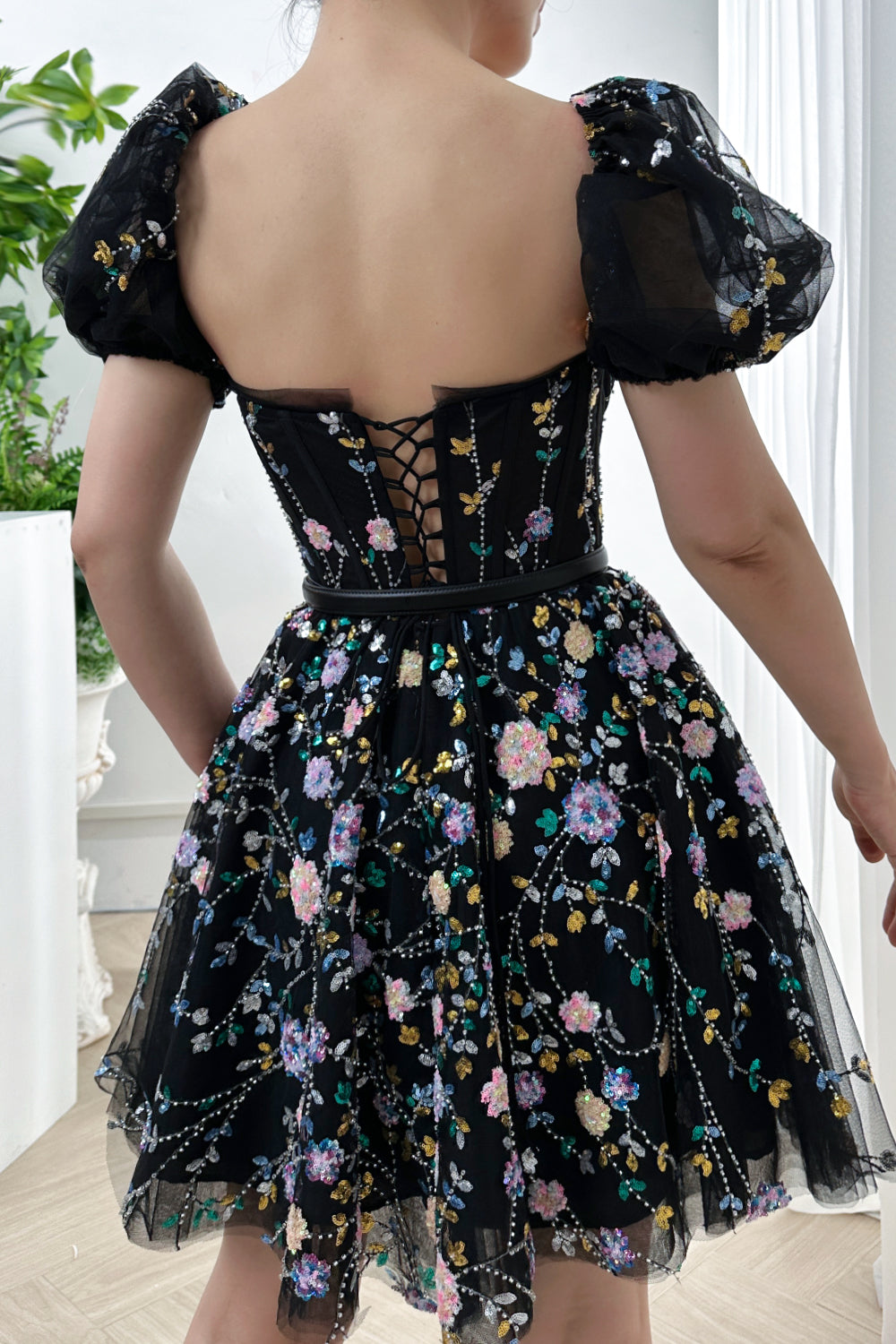 Corset Beaded Floral Mini Dress with Short Puff Sleeves