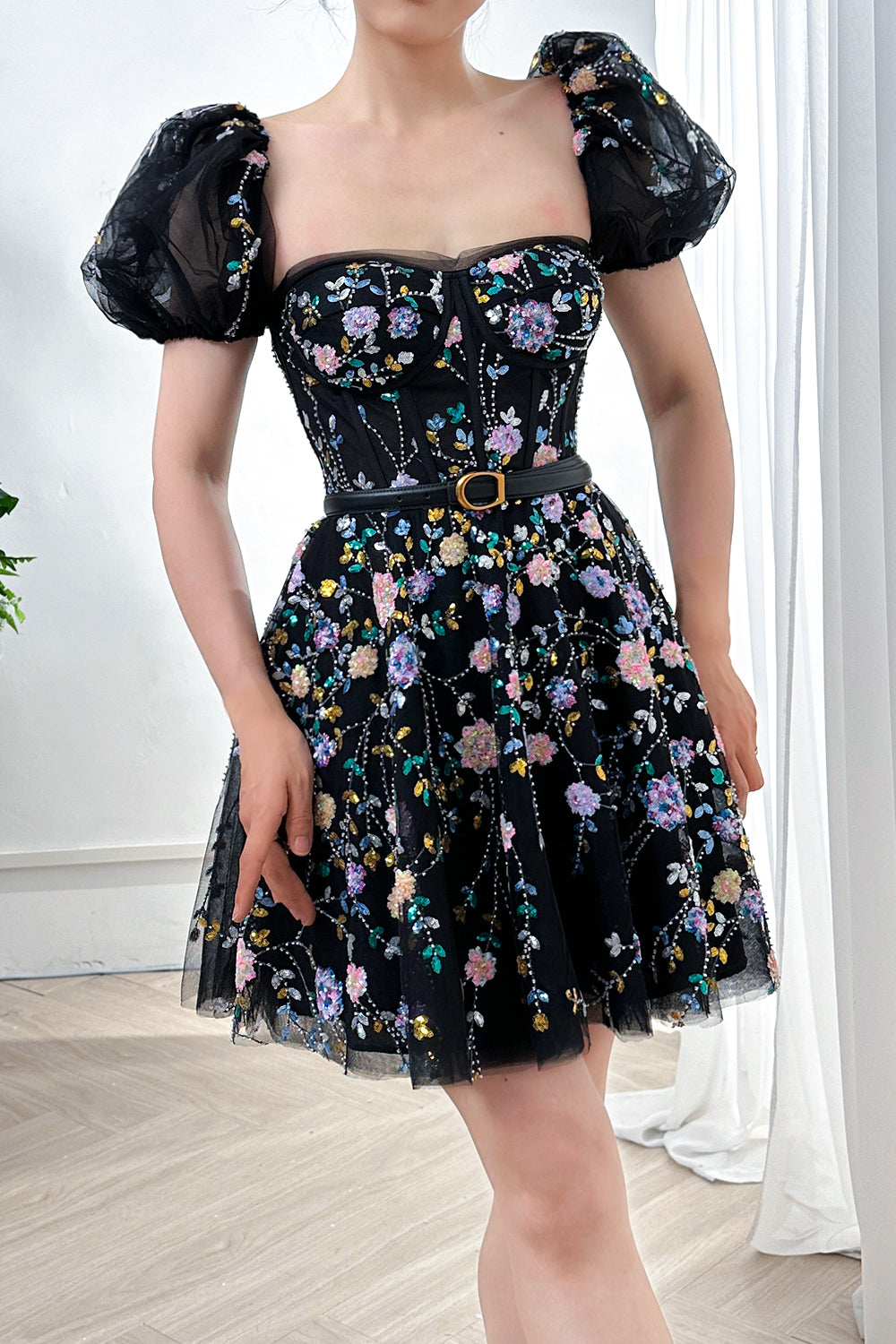 Corset Beaded Floral Mini Dress with Short Puff Sleeves