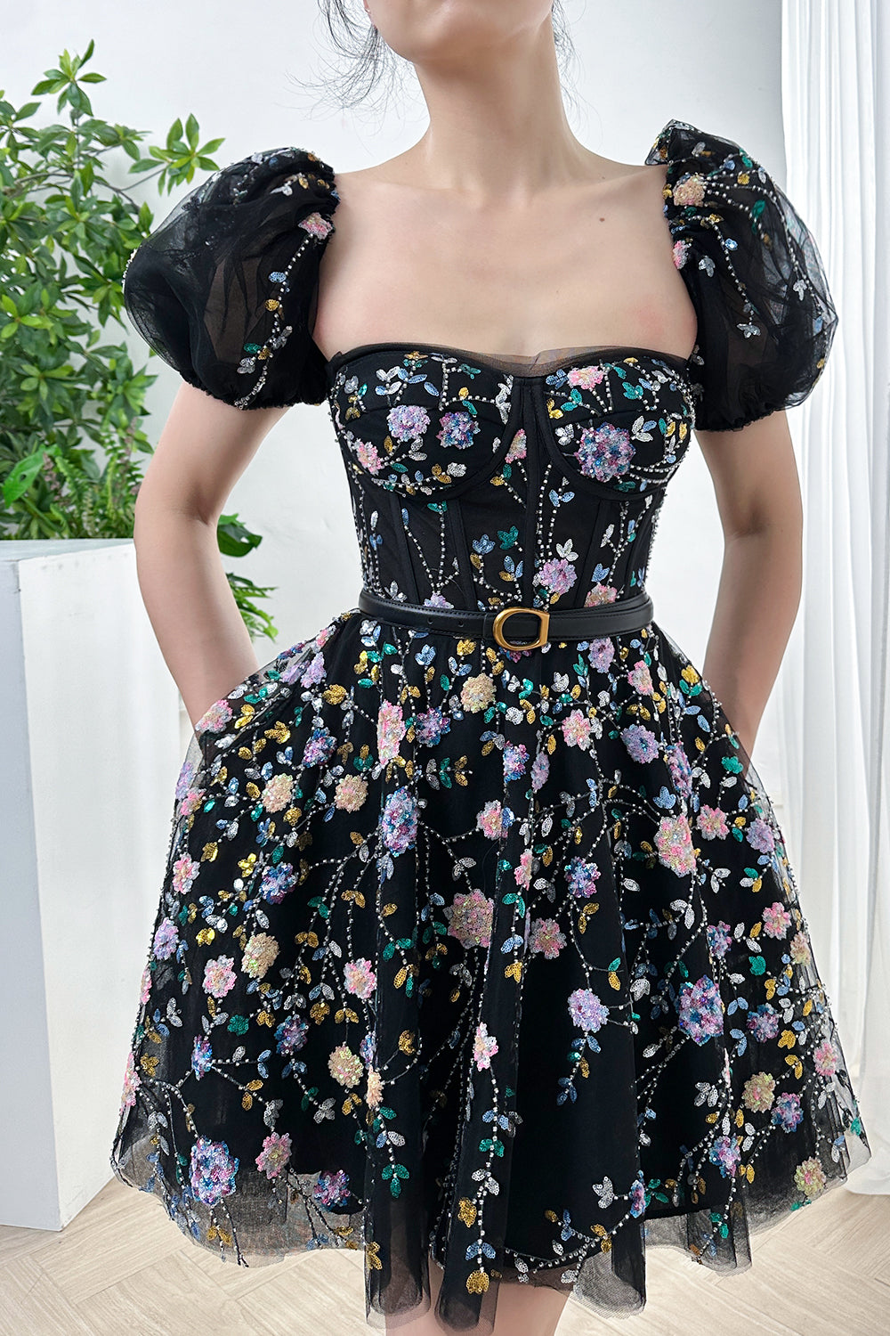 Corset Beaded Floral Mini Dress with Short Puff Sleeves