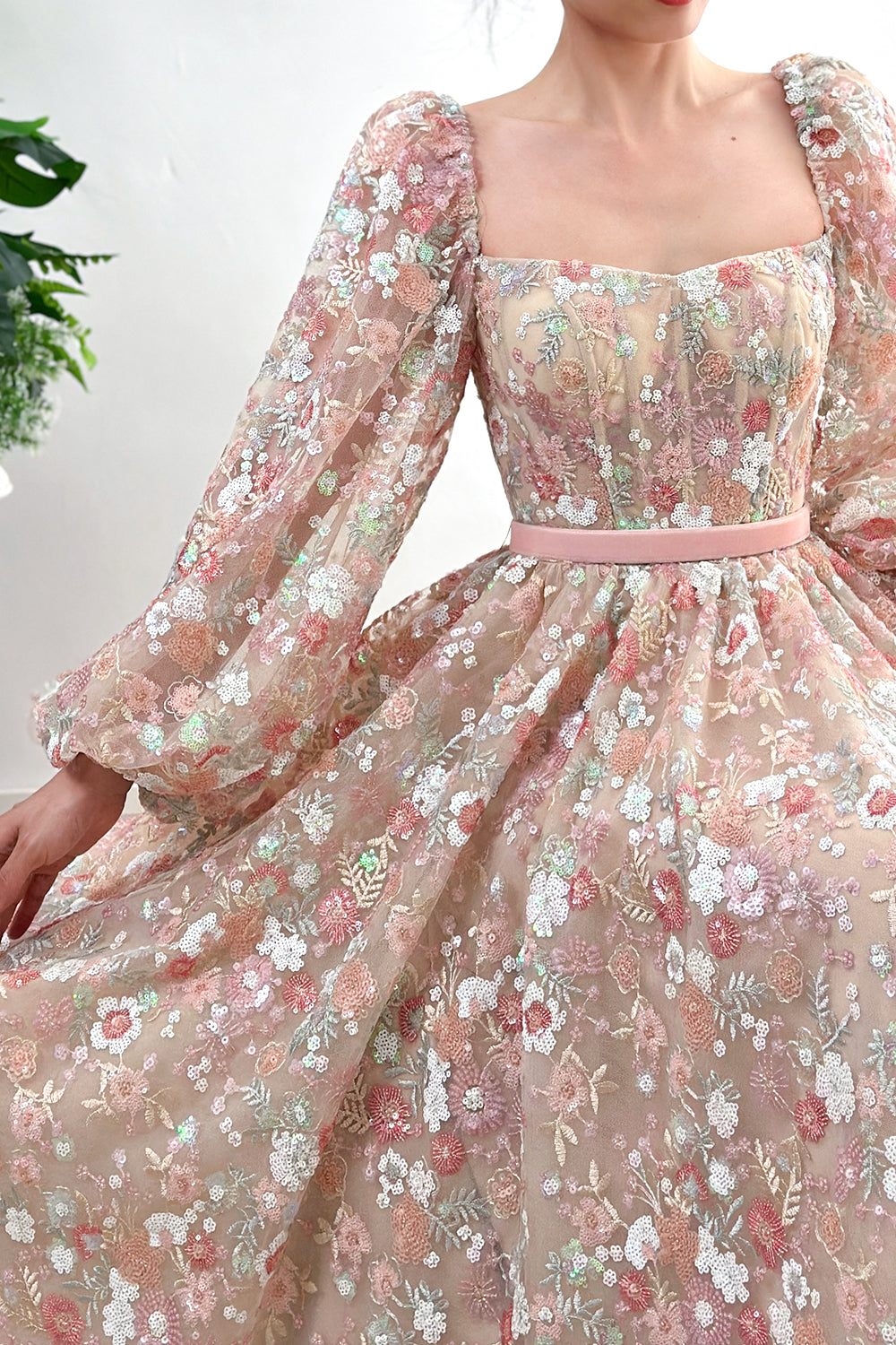 Corset Floral Sequined Pink Midi Dress with Long Sleeves