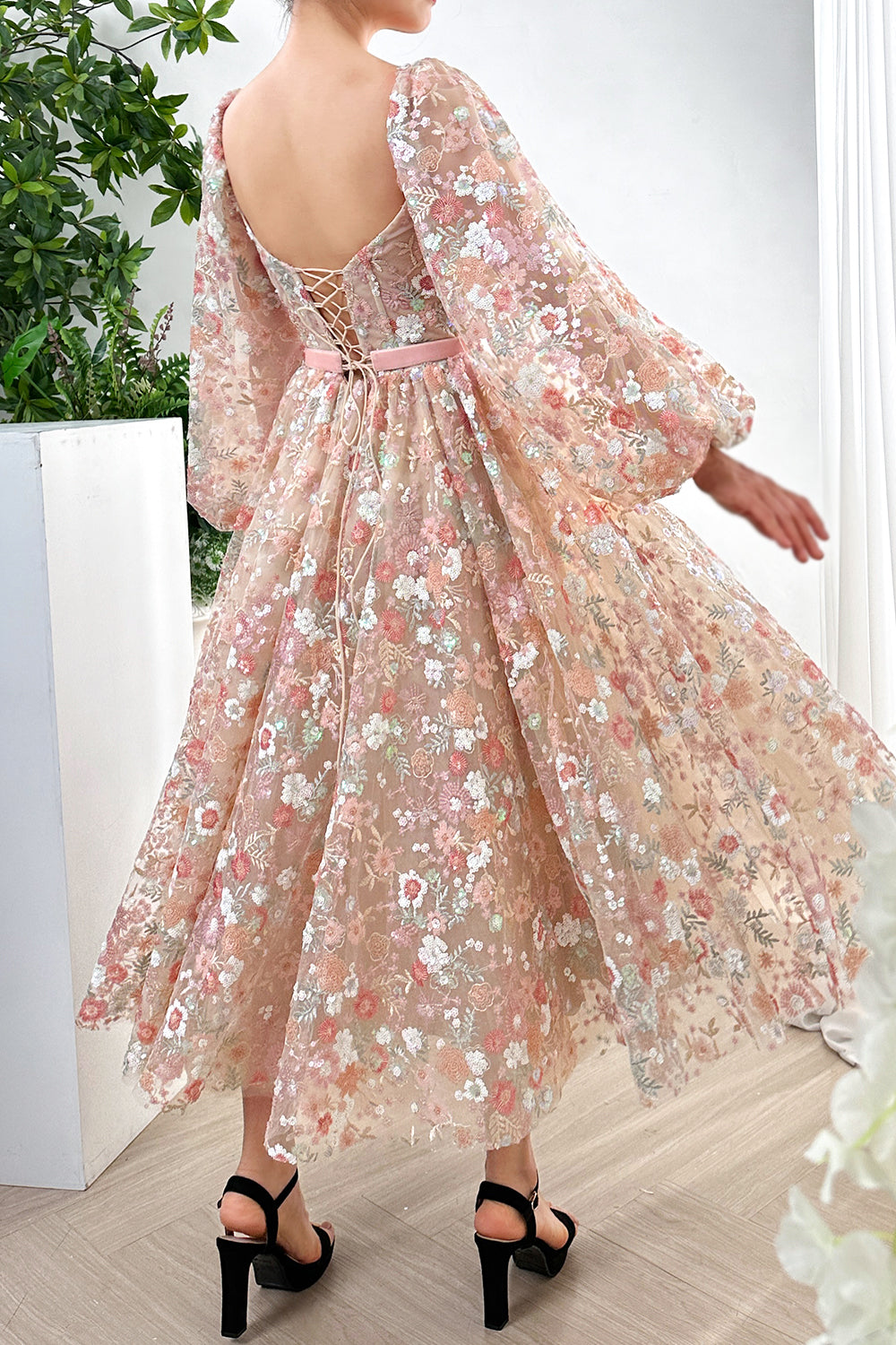 Corset Floral Sequined Pink Midi Dress with Long Sleeves