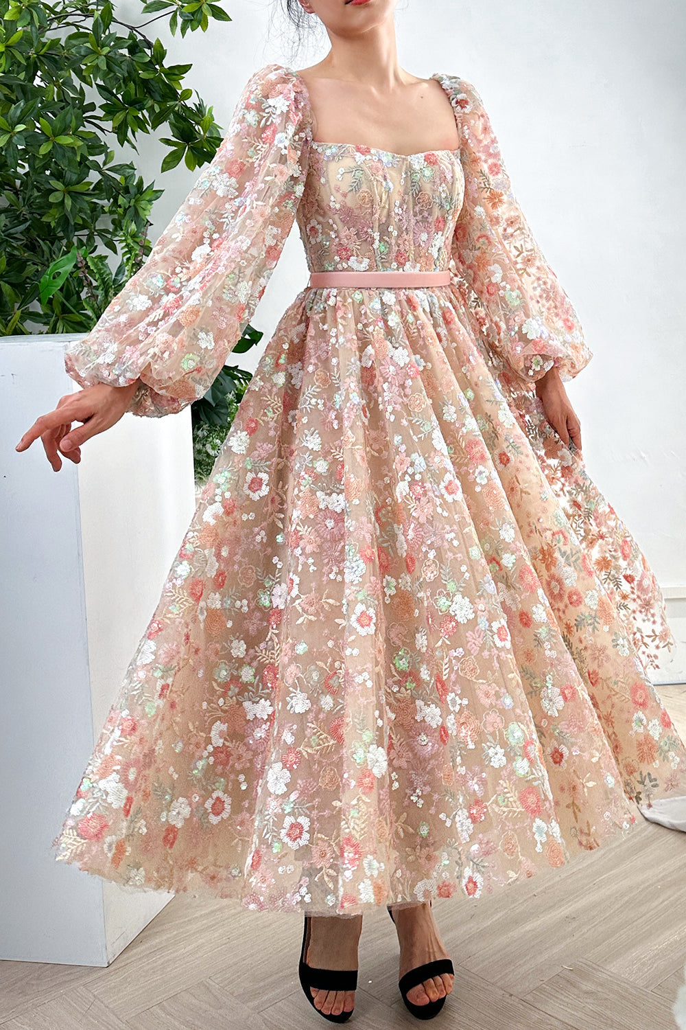 Corset Floral Sequined Pink Midi Dress with Long Sleeves