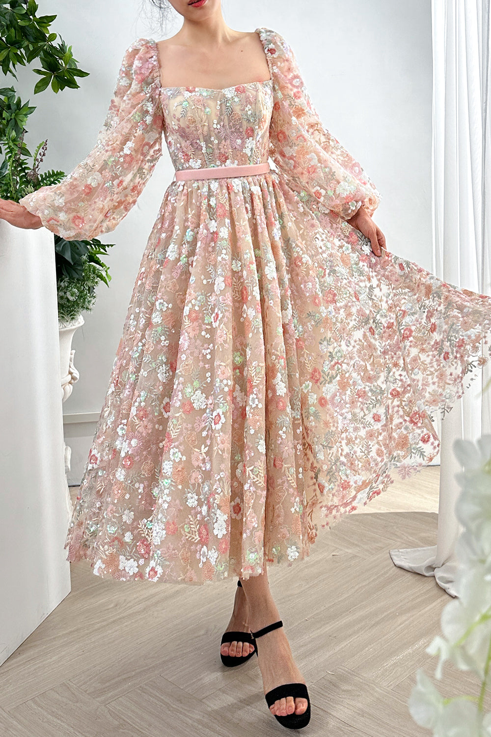 Corset Floral Sequined Pink Midi Dress with Long Sleeves