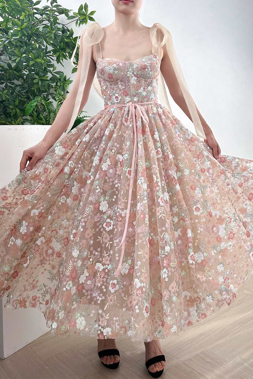 Corset Floral Sequined Pink Midi Prom Dress with Tie Straps