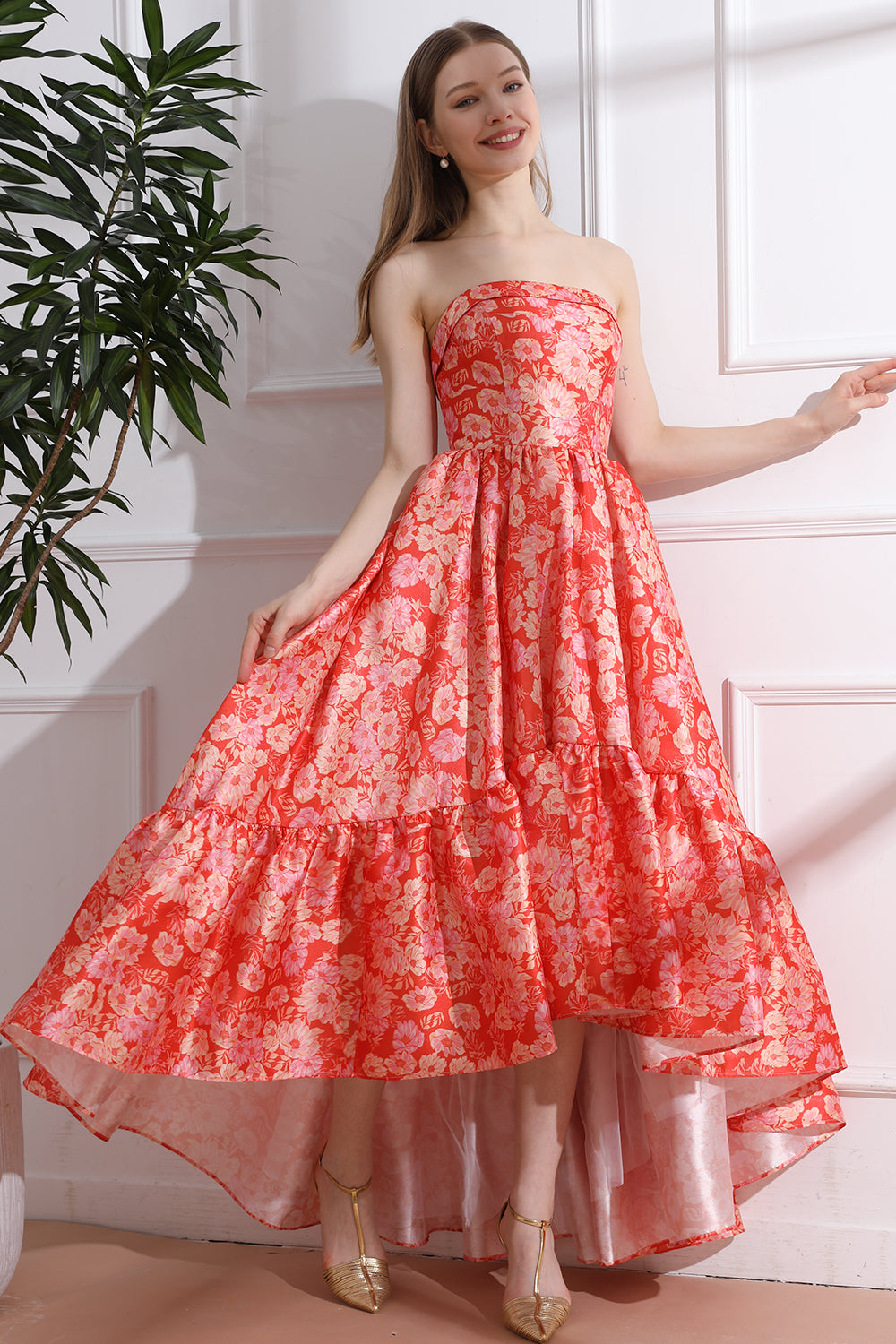 Strapless Satin High Low Dress ALFRED SUNG Strapless Satin High Low Dress  With Pockets Size R