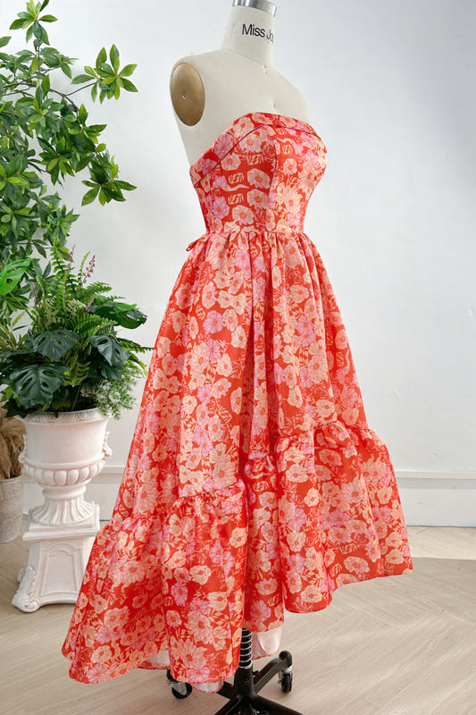 MissJophiel Strapless Floral Print Satin High Low Dress with Pocket