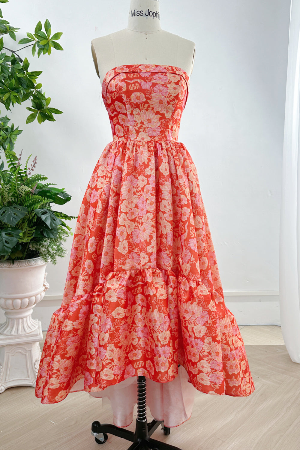 Strapless Floral Print Satin High Low Dress with Pocket