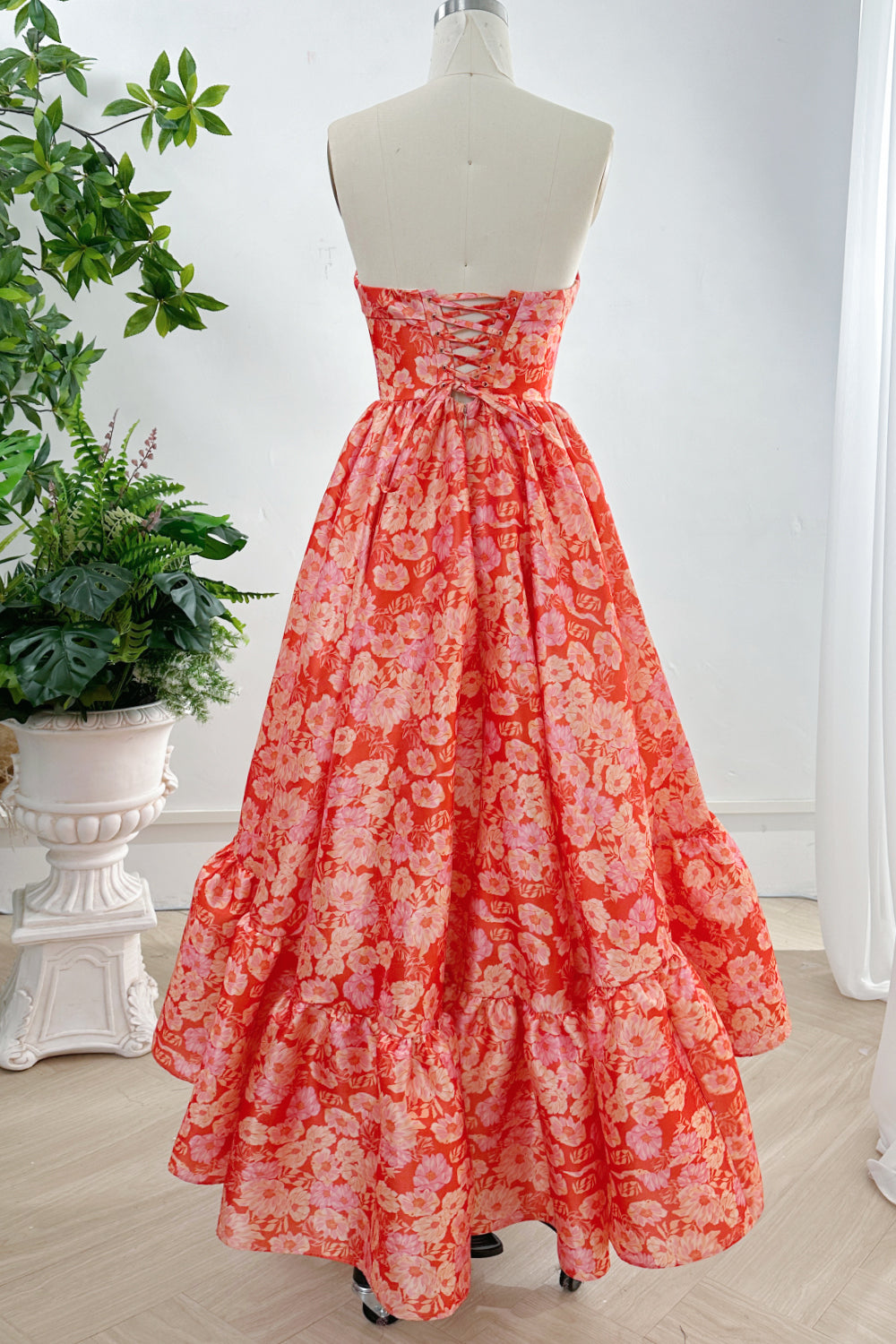 Strapless Floral Print Satin High Low Dress with Pocket