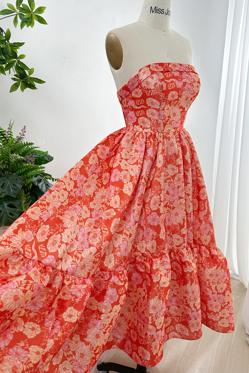 MissJophiel Strapless Floral Print Satin High Low Dress with Pocket