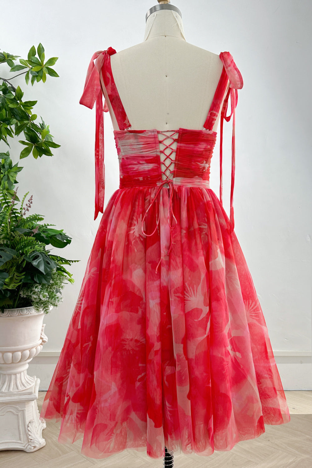 MissJophiel Corset Red Floral Print Tulle Midi Dress with Tie Straps