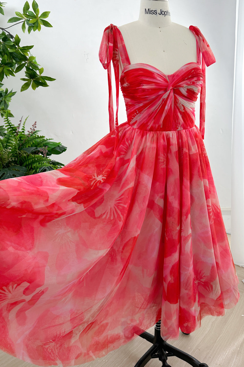 Corset Red Floral Print Tulle Midi Dress with Tie Straps