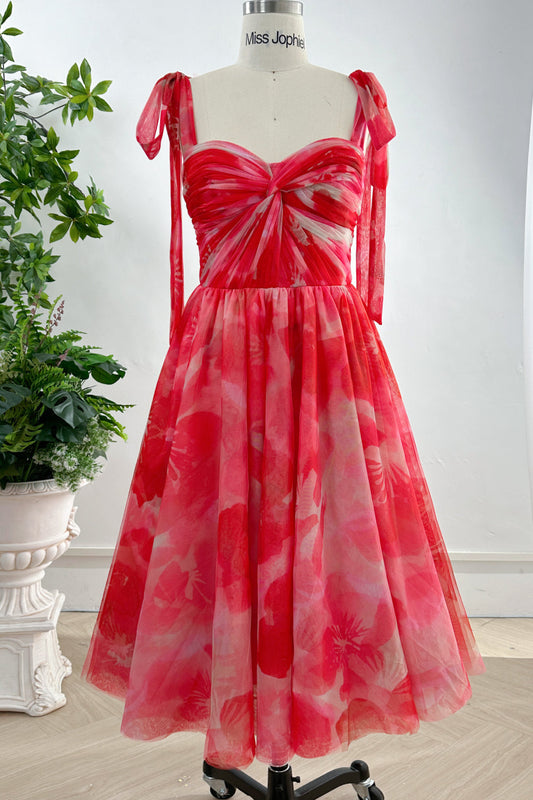 MissJophiel Corset Red Floral Print Tulle Midi Dress with Tie Straps