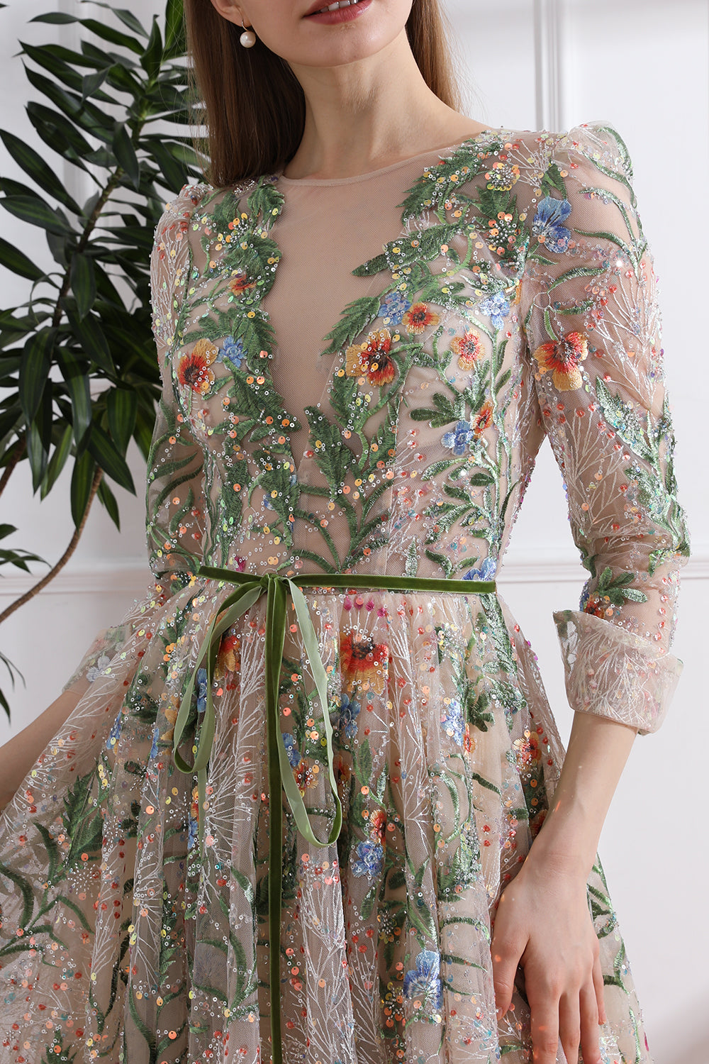 MissJophiel 3/4 Sleeves Illusion V Neck Embroidery Beaded Long Dress