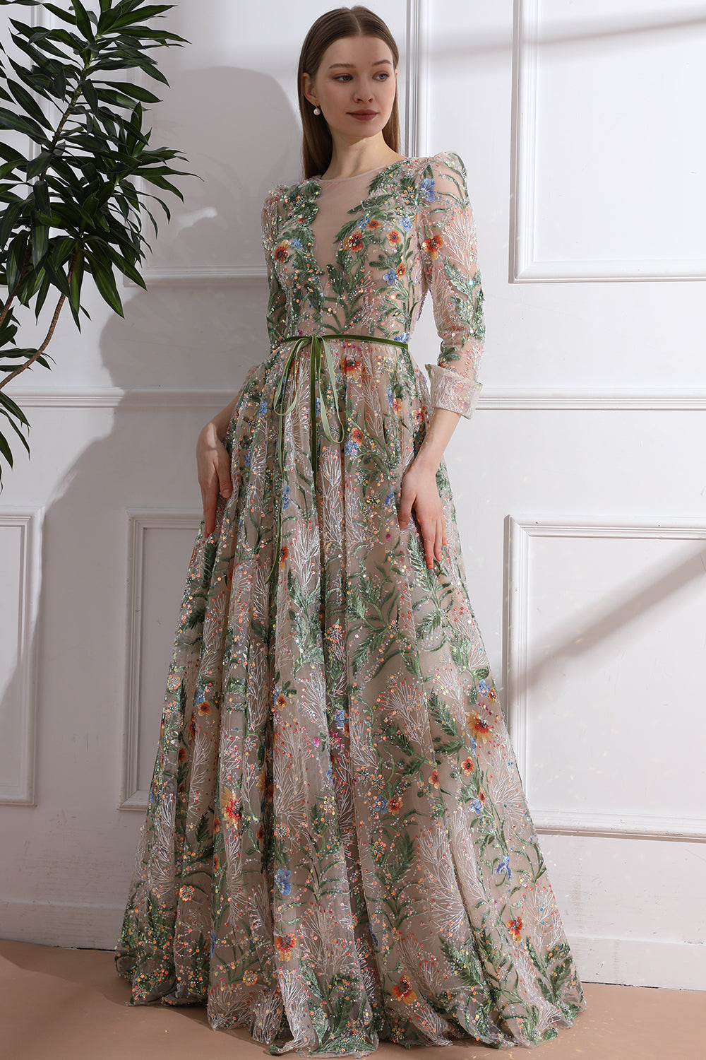 3/4 Sleeves Illusion V Neck Embroidery Beaded Long Dress