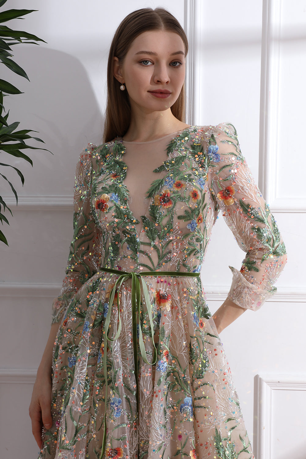 MissJophiel 3/4 Sleeves Illusion V Neck Embroidery Beaded Long Dress Green/Champagne / Floor Length / US8 MissJophiel 3/4 Sleeves Illusion V Neck Embroidery Beaded Long Dress Green/Champagne / Floor Length / US8